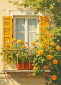 Yellow shutters and a balcony overflowing with sunflowers and climbing vines
