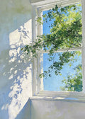 A white-framed window looking onto green leaves and blue sky, leaf shadows on the wall beside it