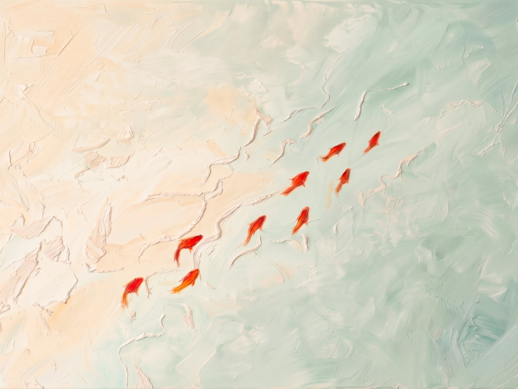 A line of red-orange goldfish drifting through sculpted pale mint and peach water