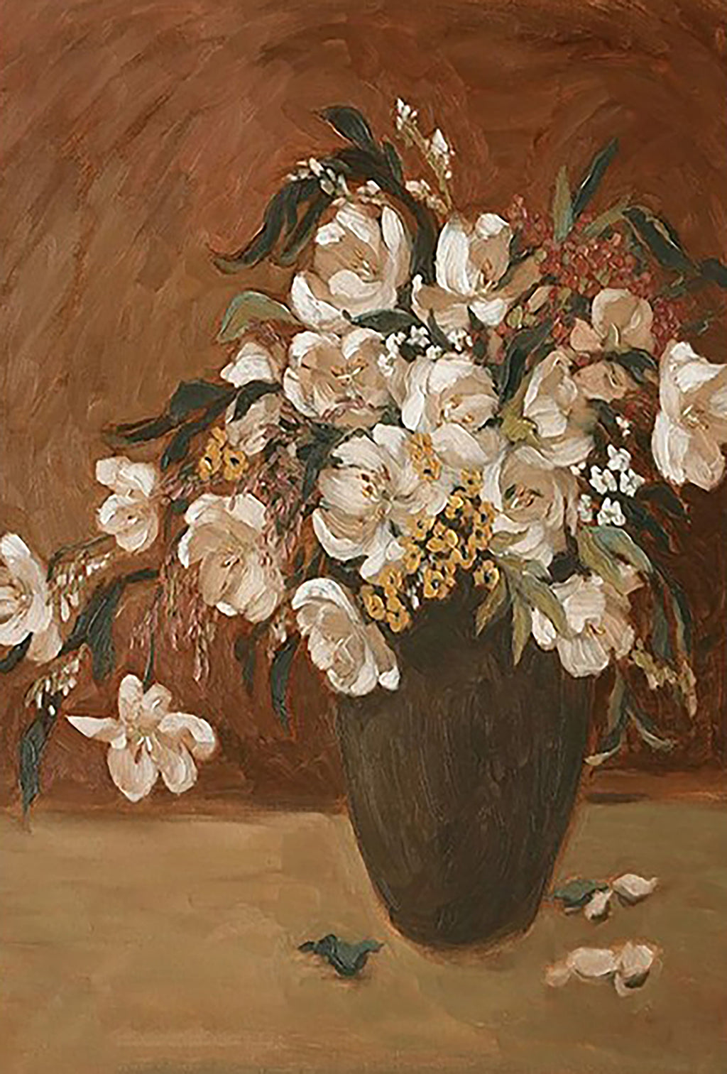 An abundant bouquet of white blossoms and yellow sprigs in a dark vase, fallen petals beside it