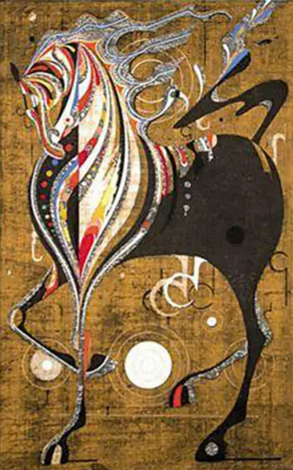 A stylized horse with a mane of red, white and silver swirls on a textured ochre ground