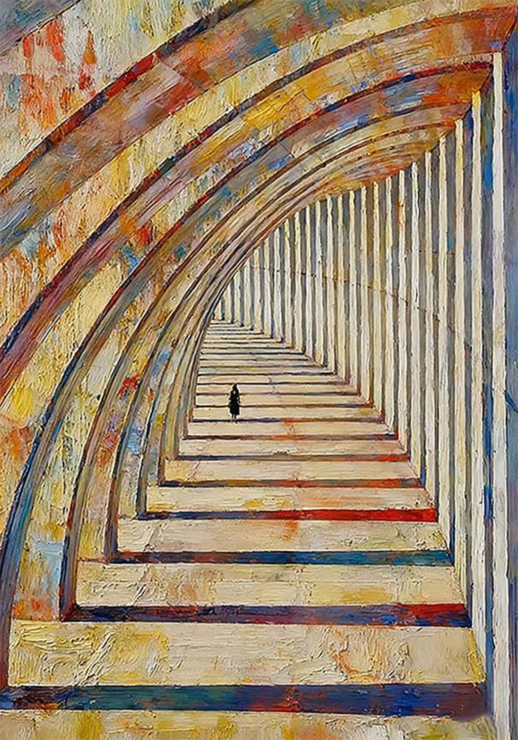 A lone figure walking through a long curving colonnade of sunlit arches painted in warm, broken color