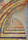 A lone figure walking through a long curving colonnade of sunlit arches painted in warm, broken color
