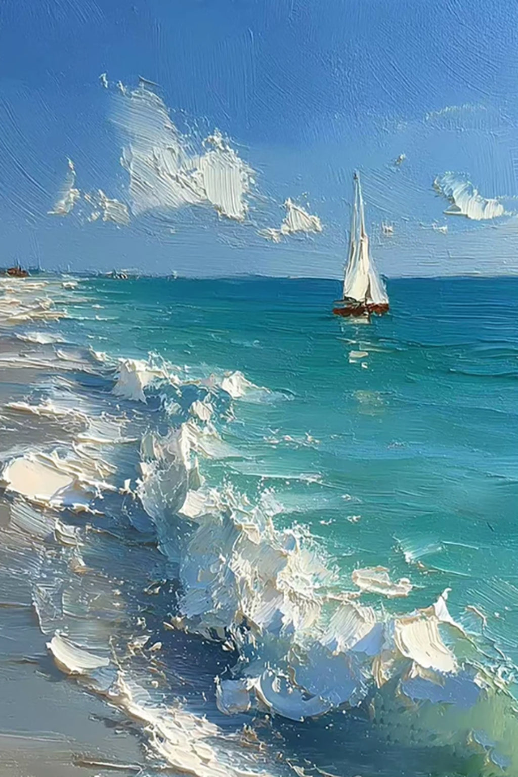 A white sailboat beyond breaking surf and turquoise water on a bright day