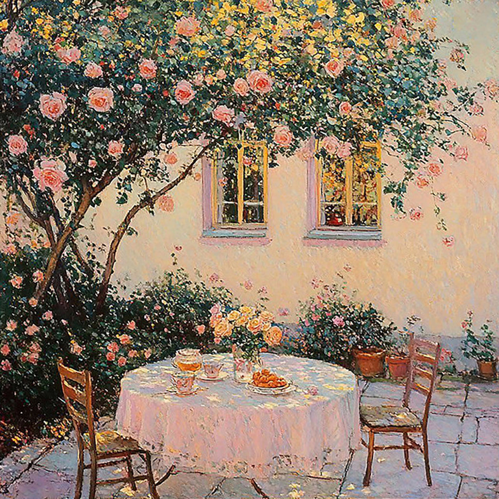 A lace-covered table set for tea beneath a blooming pink rose tree in a sunlit courtyard