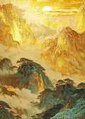 Gilded mountain cliffs and pine-topped crags rising from a sea of clouds under a golden sun