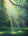 Shafts of sunlight falling through an old tree onto a quiet green glade