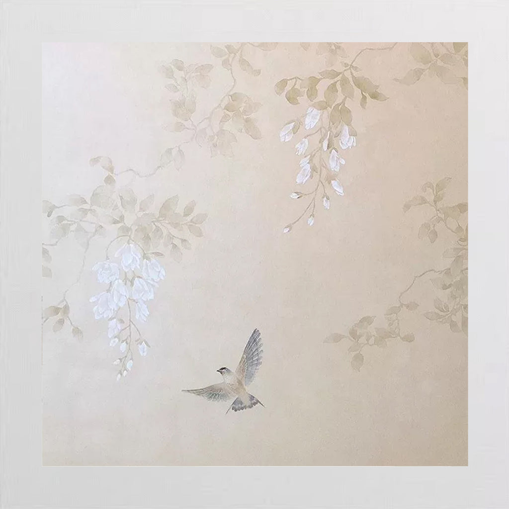 Pearly white wisteria and a small swallow on a soft champagne ground