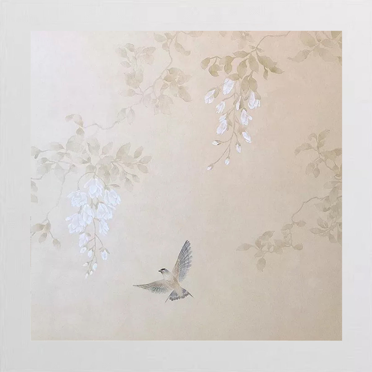 Pearly white wisteria and a small swallow on a soft champagne ground