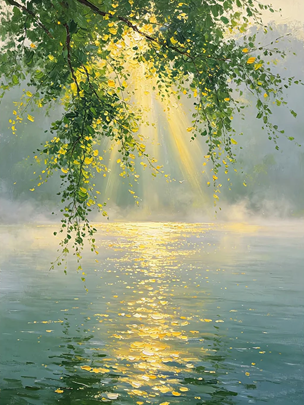 Golden morning light through hanging leaves onto a misty, glinting green river