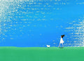A girl and a small white dog walking across a green meadow under a sparkling blue sky