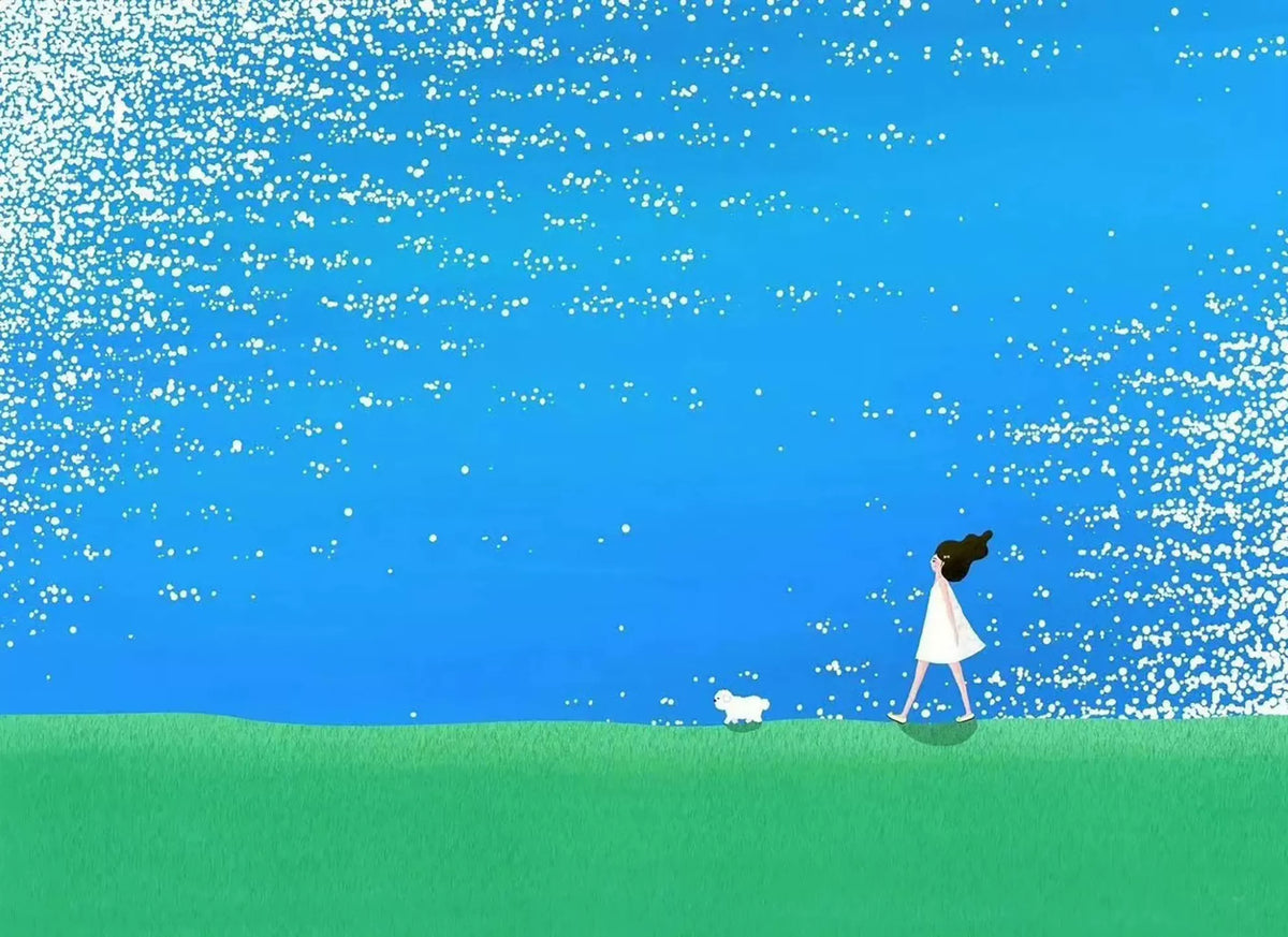 A girl and a small white dog walking across a green meadow under a sparkling blue sky
