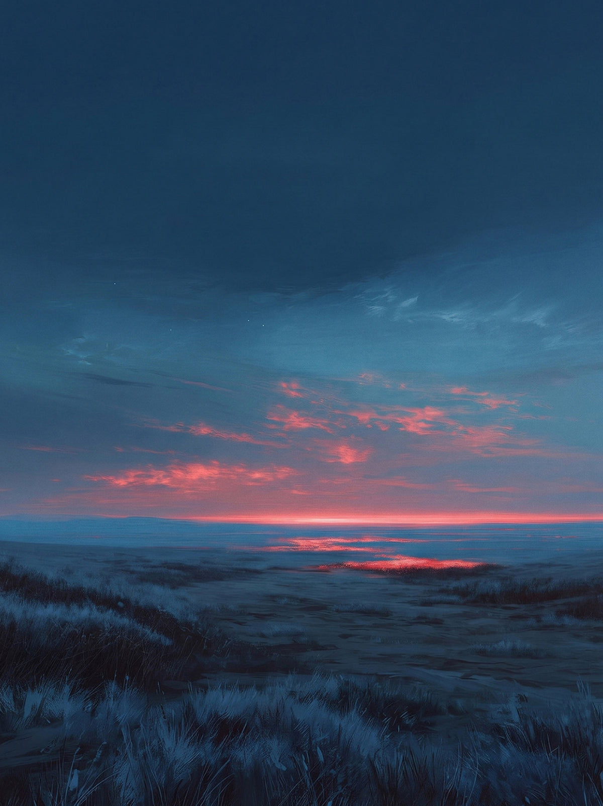 A last red glow on the horizon under heavy blue clouds over silvery prairie grass