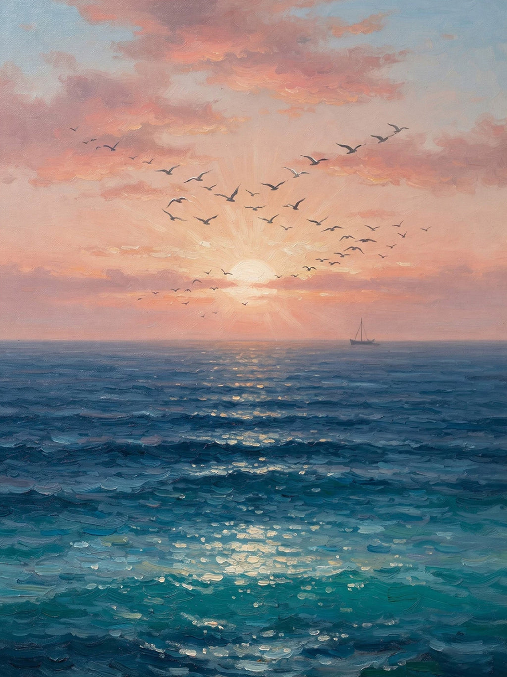 A flock of birds crossing a pink and gold sunset over rolling teal sea