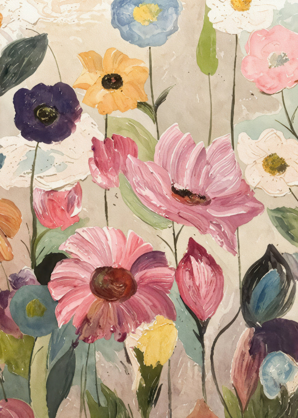 Big loose flowers in pink, violet and yellow crowding a pale background