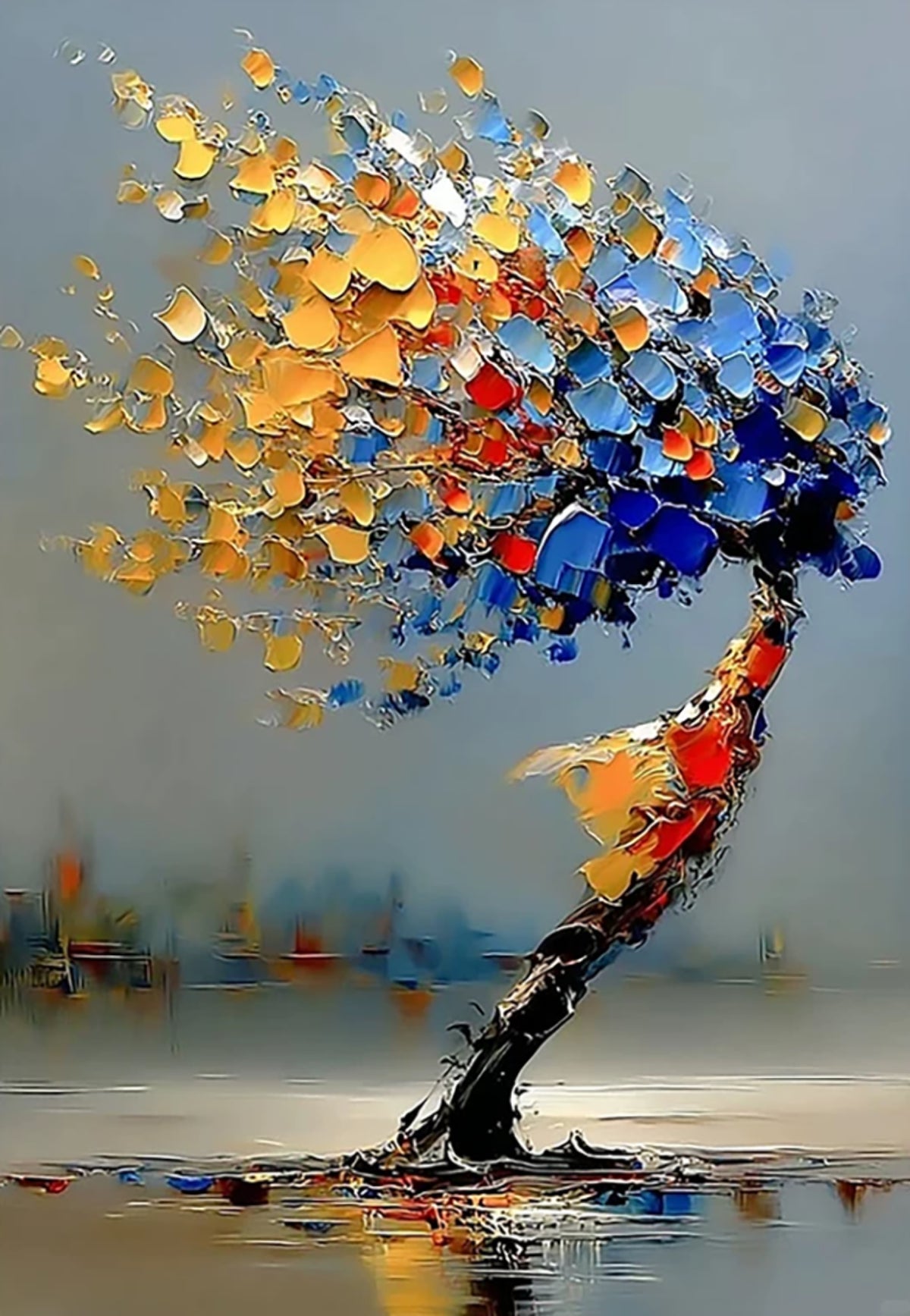 A windswept tree with blue, orange and red palette-knife leaves above a misty lake