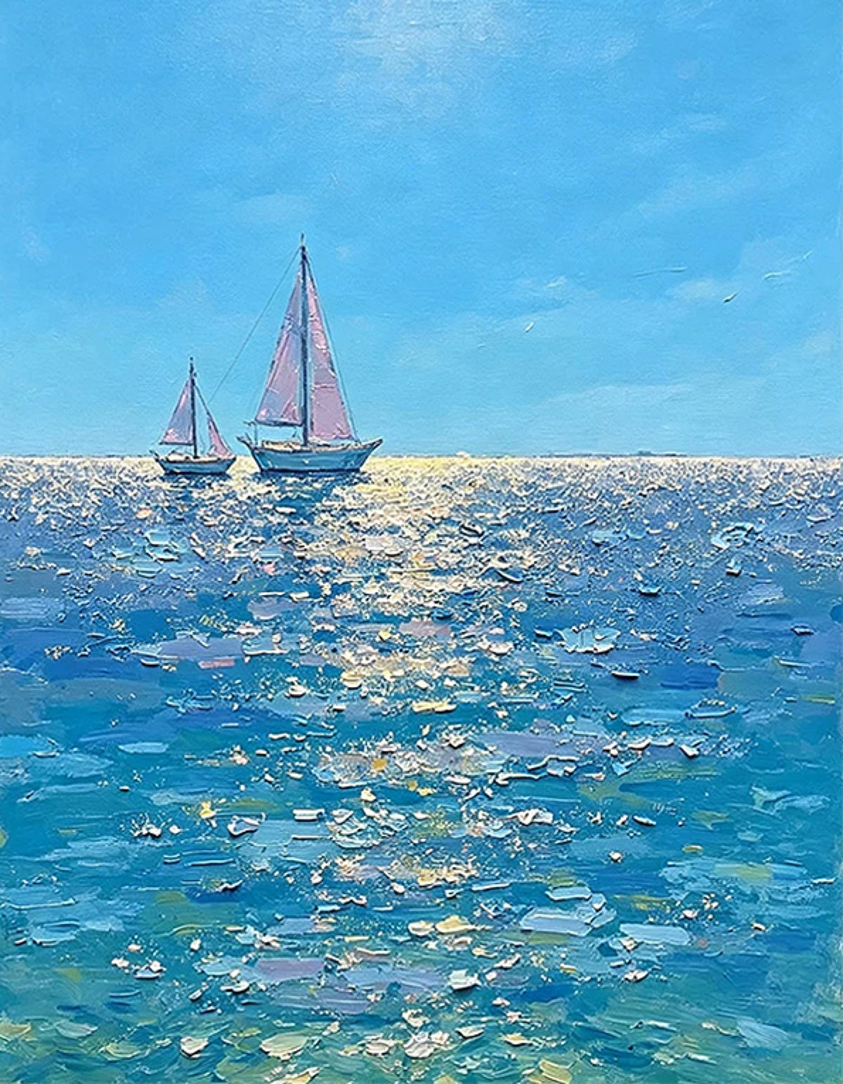 Two sailboats with pink sails on a glittering blue sea, in thick palette-knife strokes