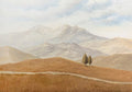 Two small cypress trees on golden rolling hills below hazy grey mountains