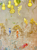 Golden koi swimming among drifting bubbles beneath gilded gourds on a soft taupe ground
