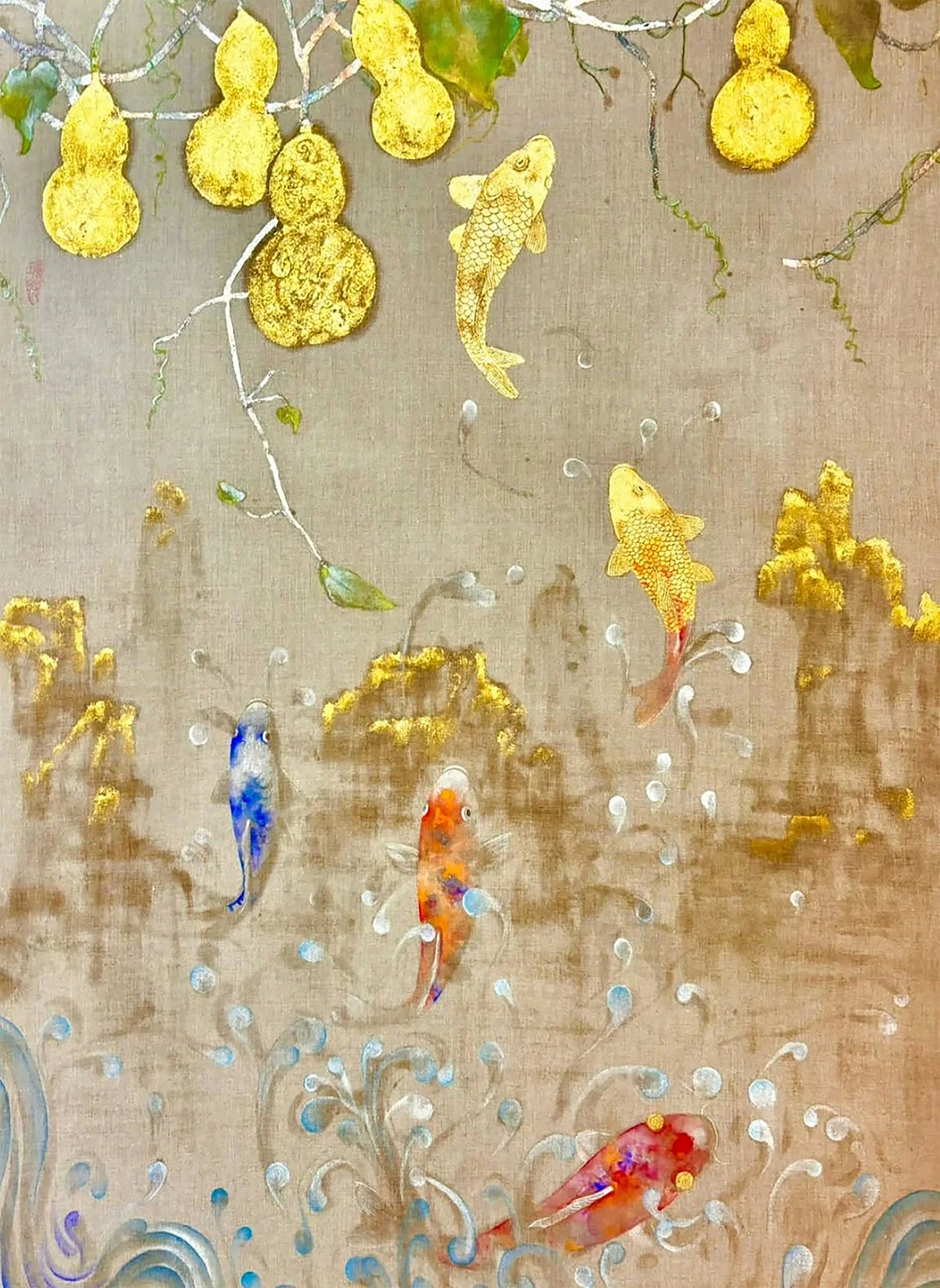 Golden koi swimming among drifting bubbles beneath gilded gourds on a soft taupe ground