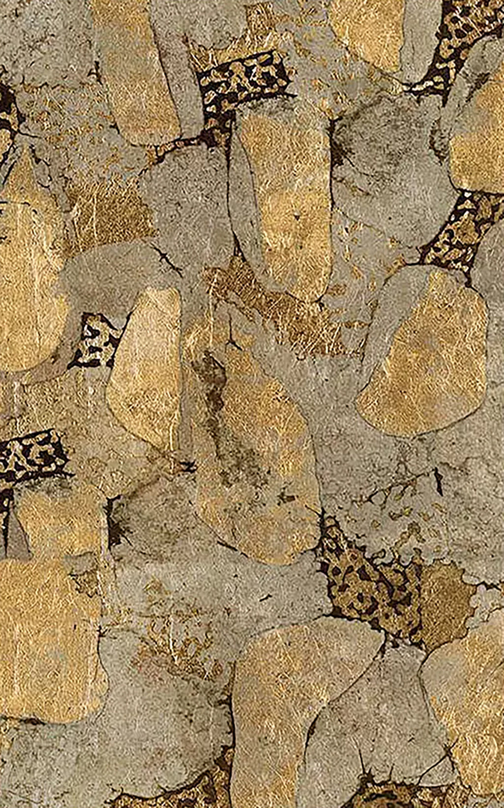 Rounded stones of gold leaf and grey set in a dark speckled ground, like a gilded mosaic