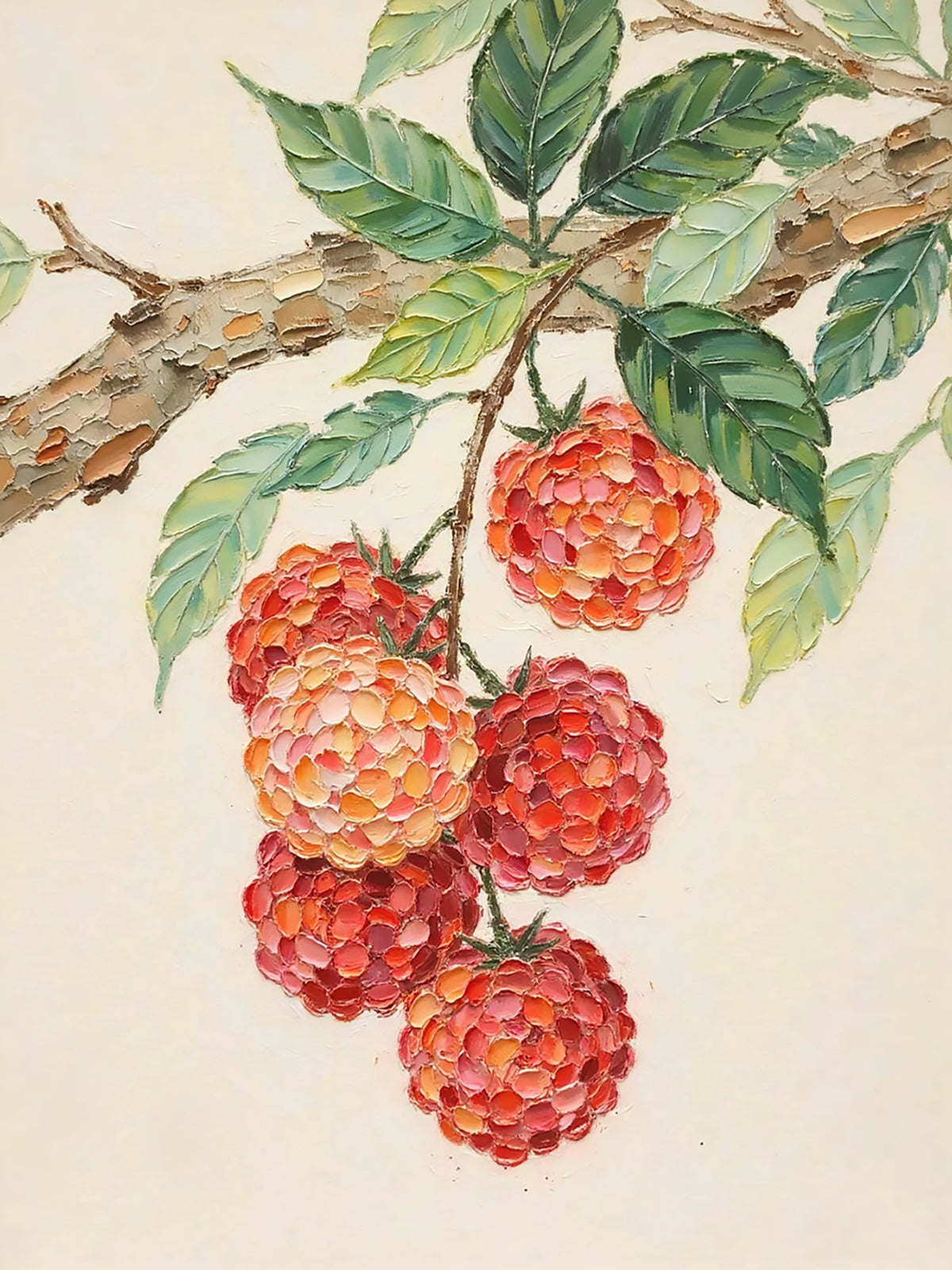 A cluster of ripe red lychees hanging from a leafy branch on a cream ground