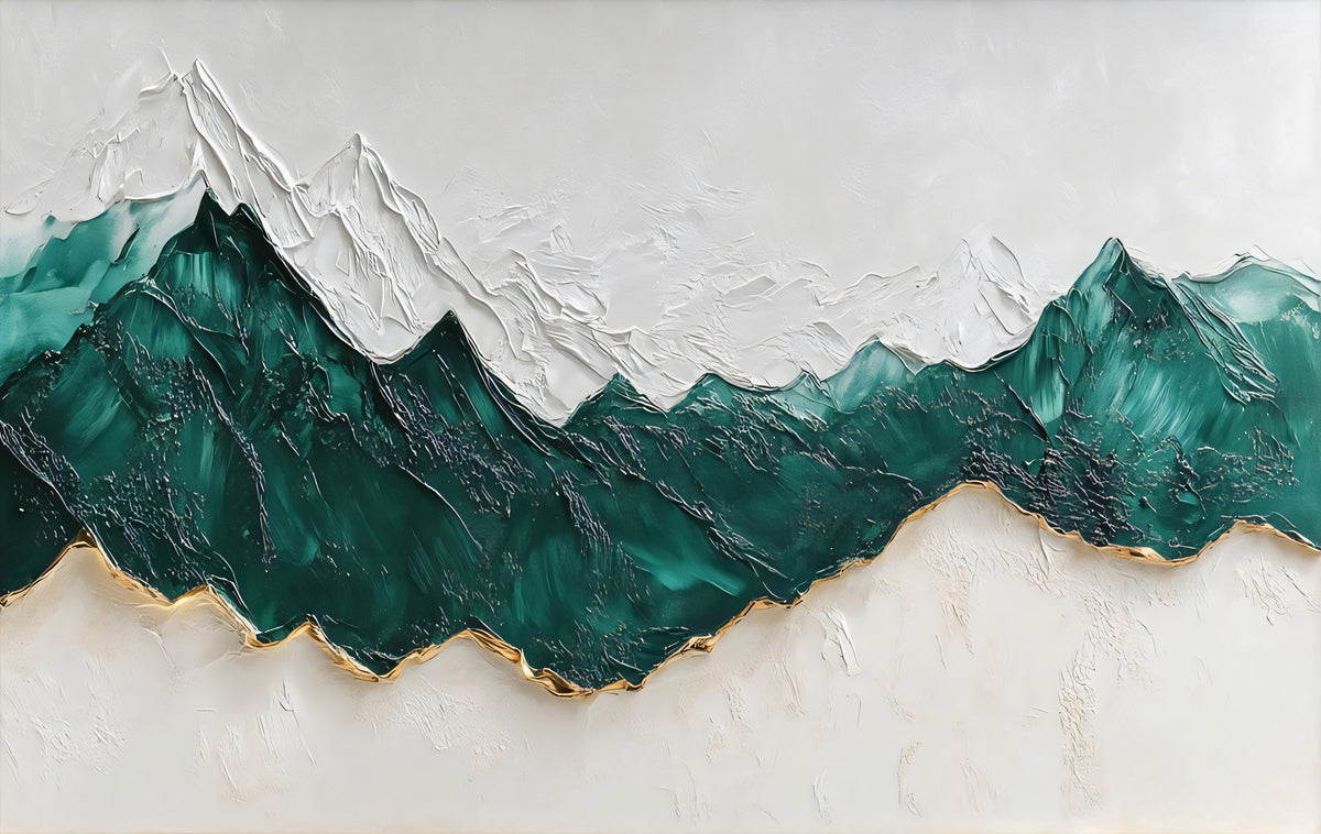 A sculpted emerald mountain range edged in gold beneath white snowy peaks