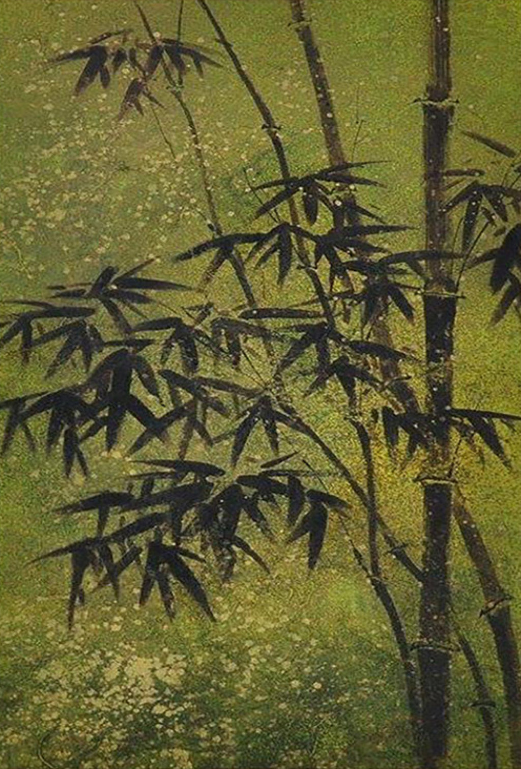 Dark bamboo stalks and leaves against a speckled gilded green ground