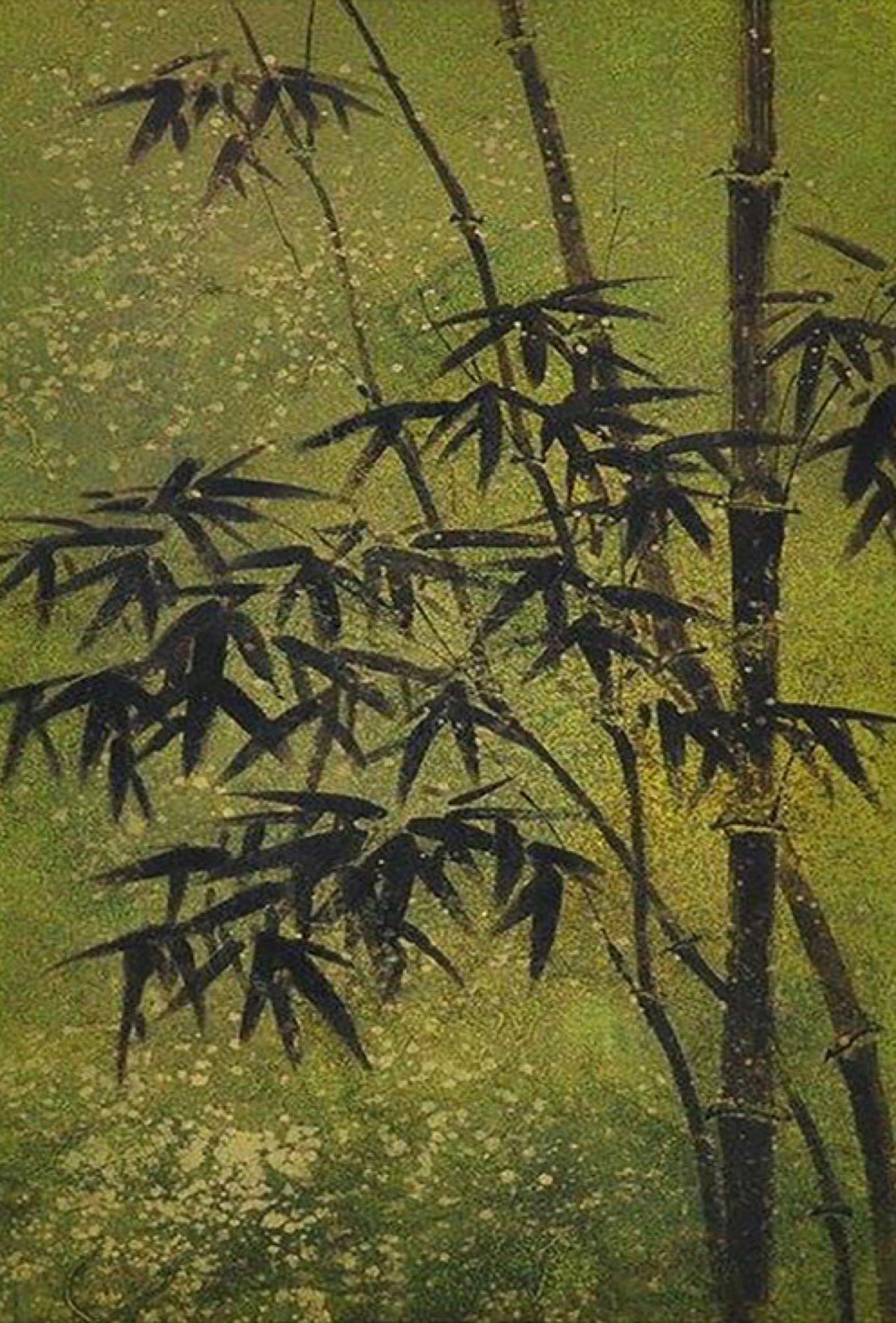 Dark bamboo stalks and leaves against a speckled gilded green ground