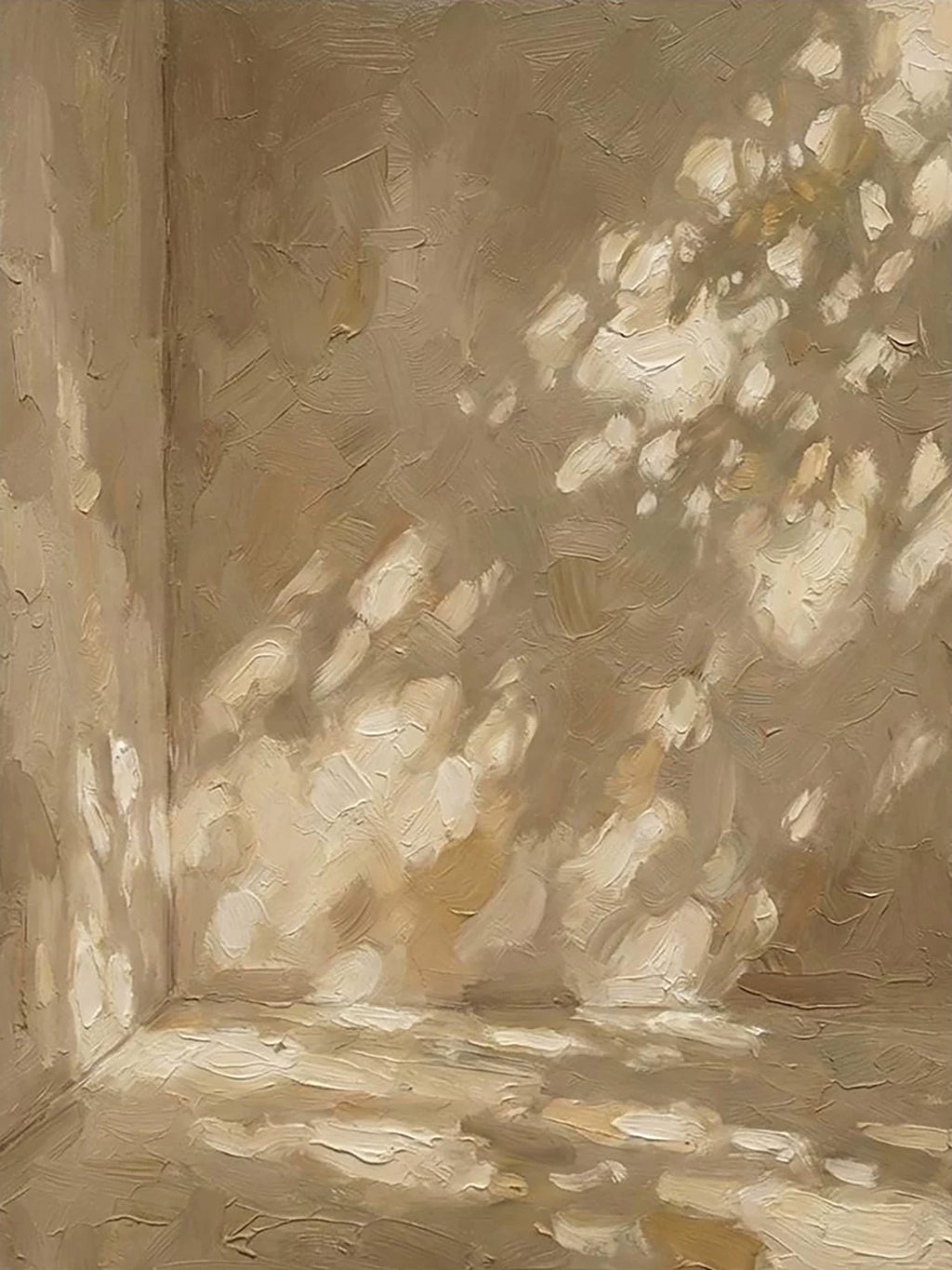 Dappled sunlight falling across the corner of a warm, quiet room