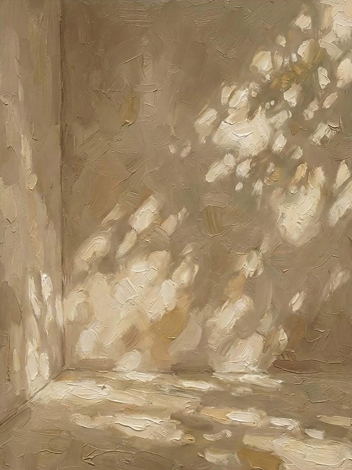 Dappled sunlight falling across the corner of a warm, quiet room