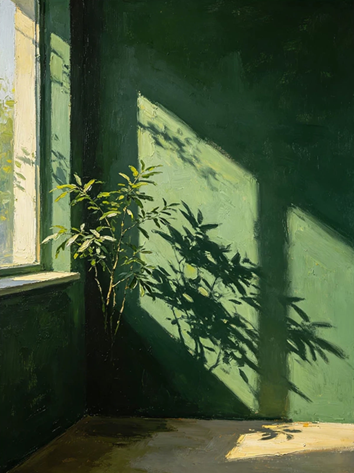 Afternoon sun throws a young plant's shadow across a deep green wall beside a window