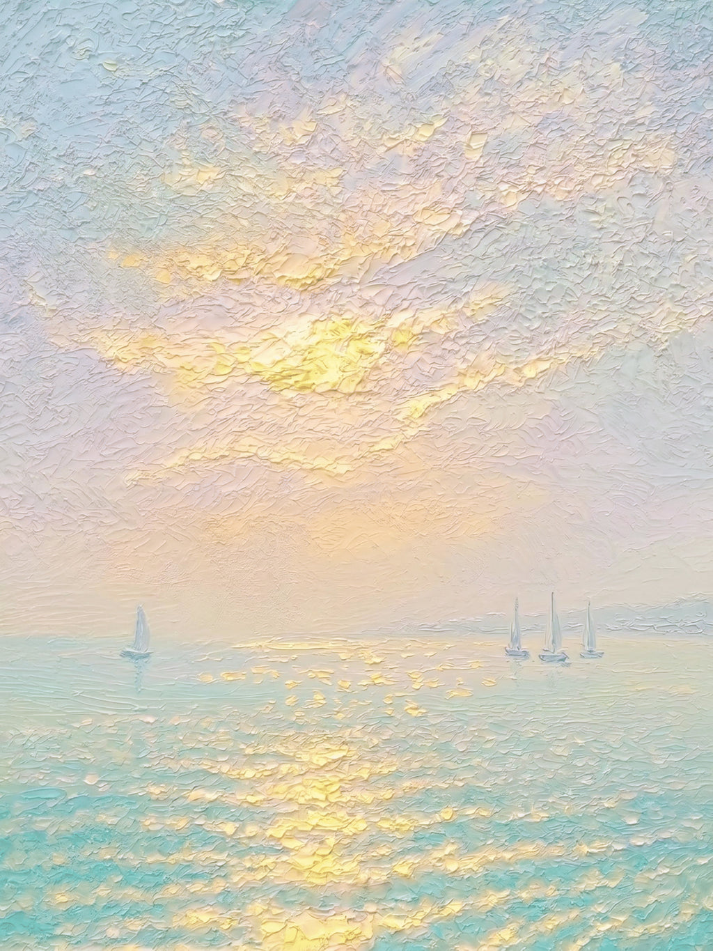 Small sailboats on a shimmering sea under a pastel sky lit gold by the sun