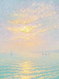 Small sailboats on a shimmering sea under a pastel sky lit gold by the sun