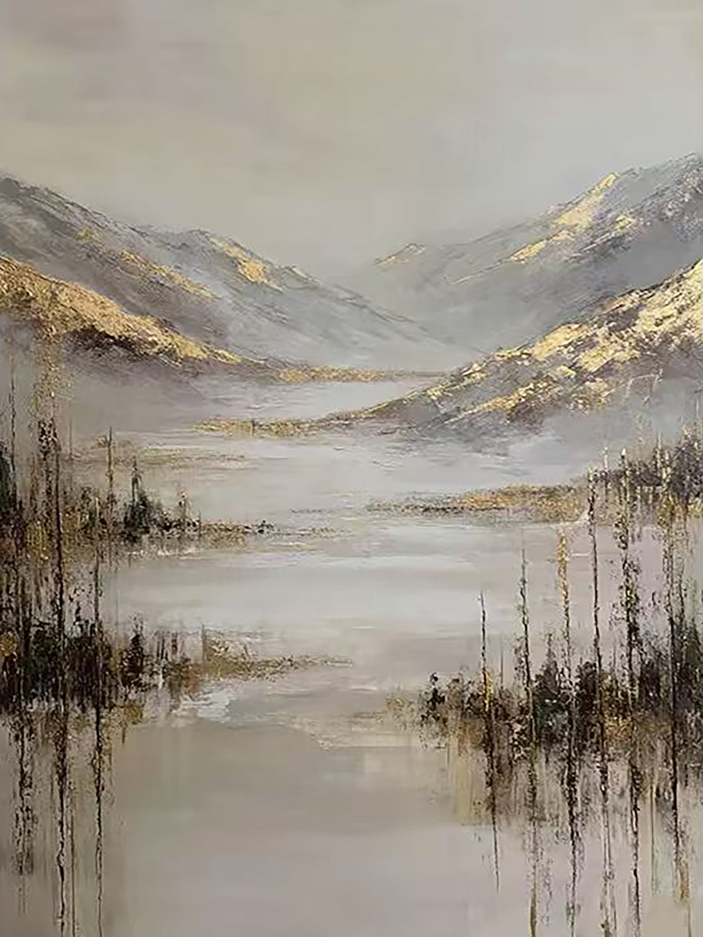 Misty hills touched with gold above a still silver lake fringed with reeds