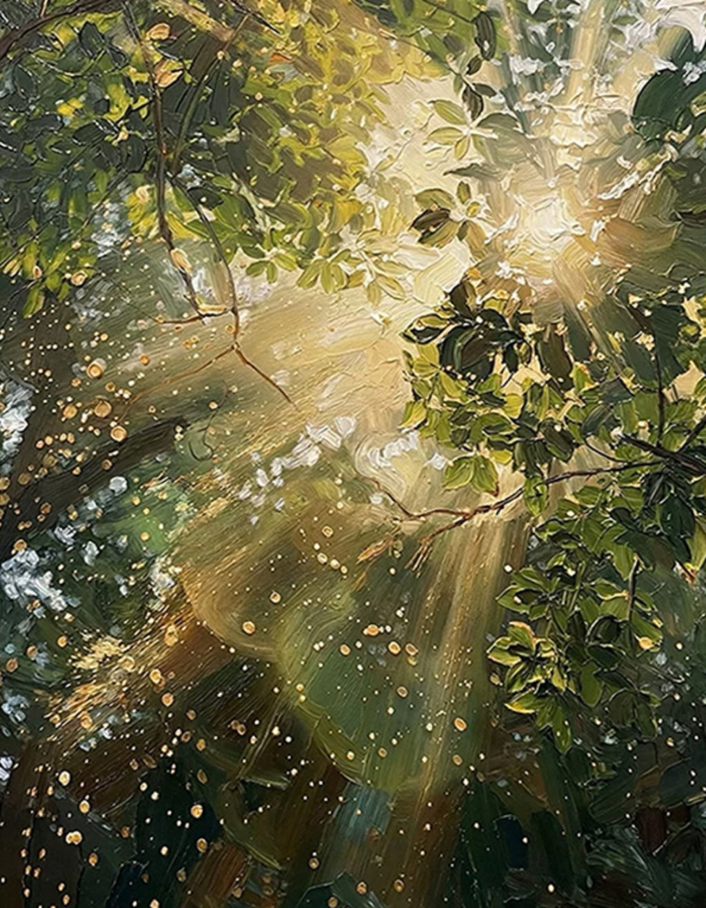 Sunbeams pouring through green leaves in a glowing, misty forest