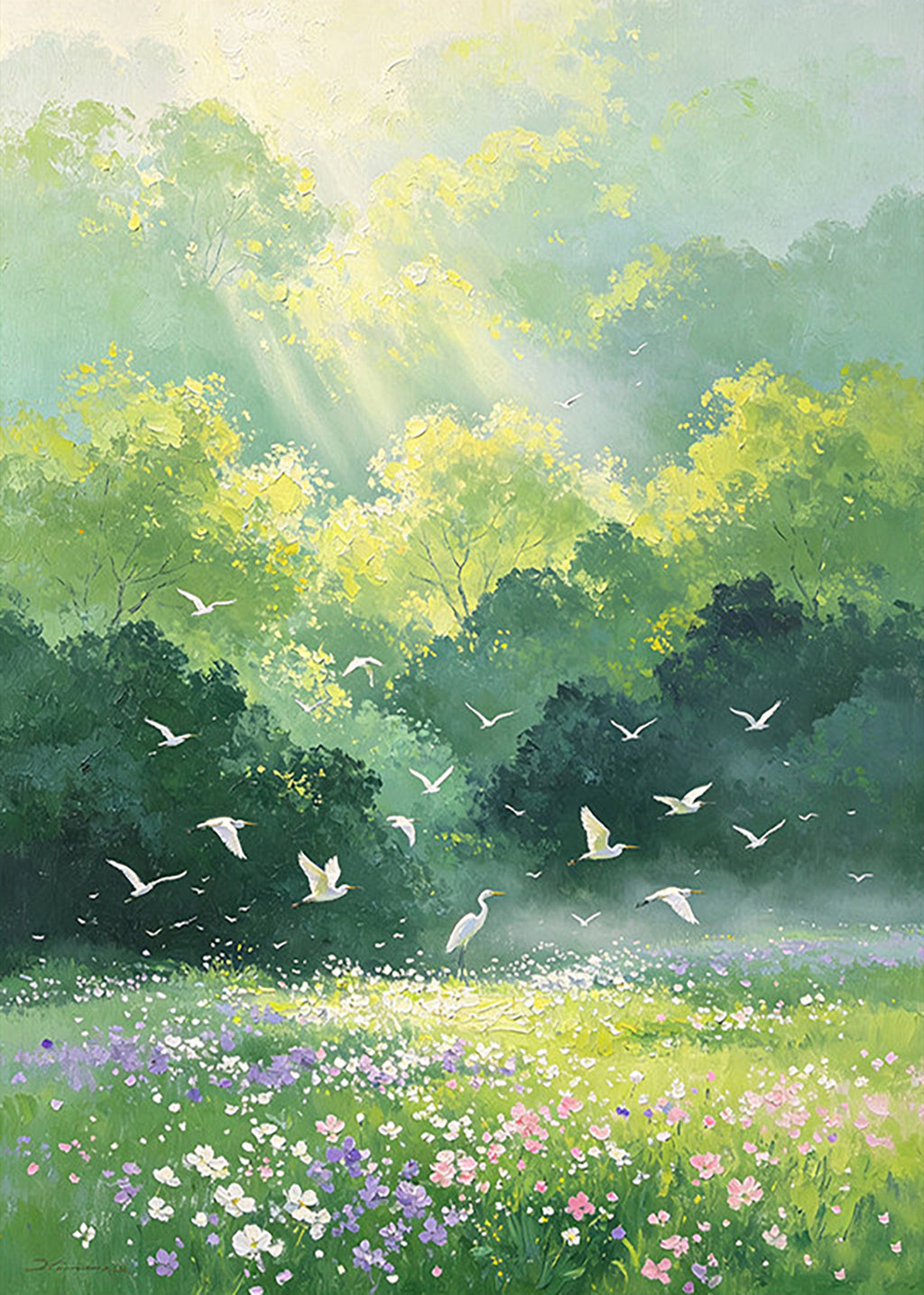 White egrets lifting off over a wildflower meadow beneath sunlit green trees