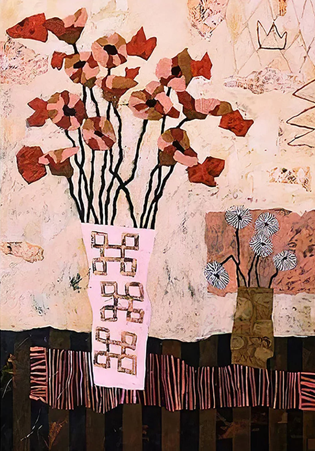 Red poppies in a patterned pink vase on a striped tablecloth, in a collaged folk style