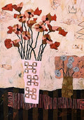 Red poppies in a patterned pink vase on a striped tablecloth, in a collaged folk style