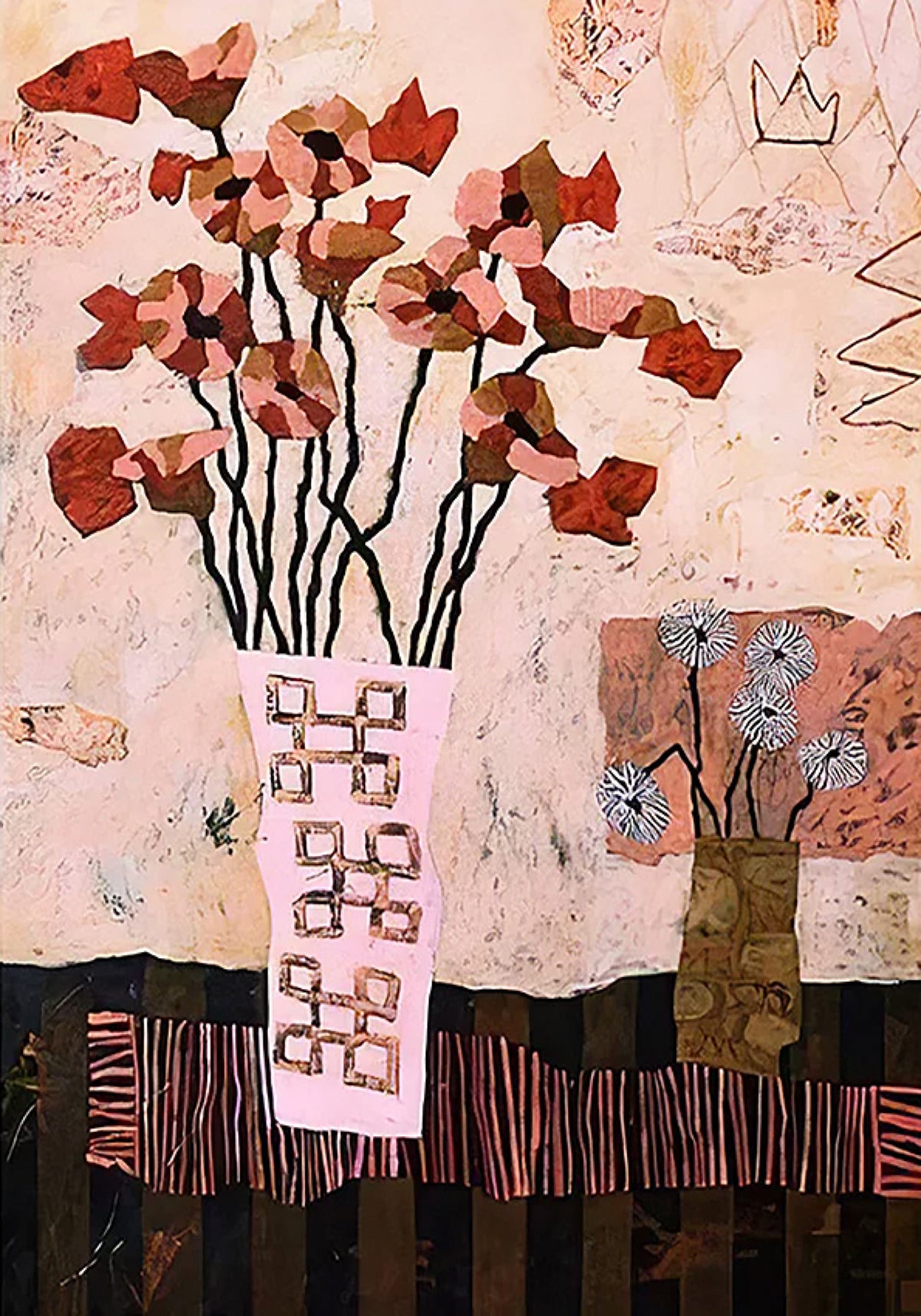 Red poppies in a patterned pink vase on a striped tablecloth, in a collaged folk style