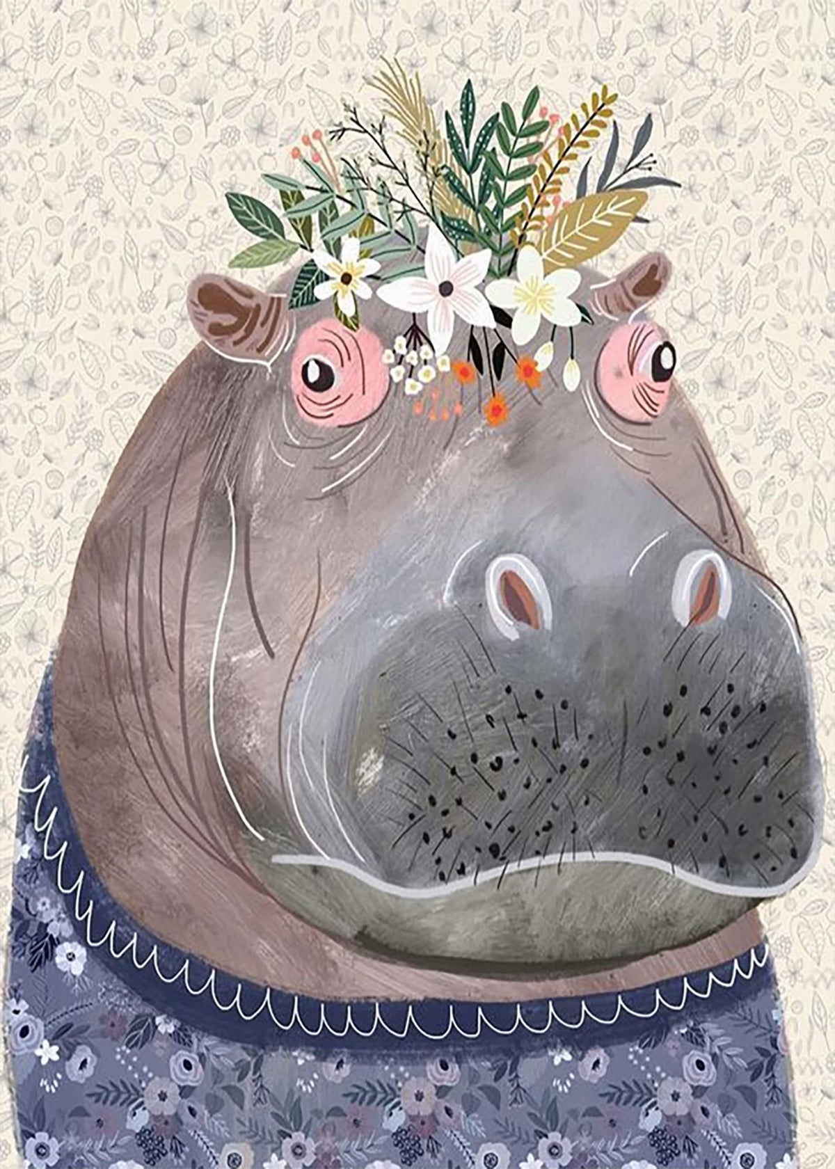 A gentle grey hippo wearing a crown of white wildflowers.