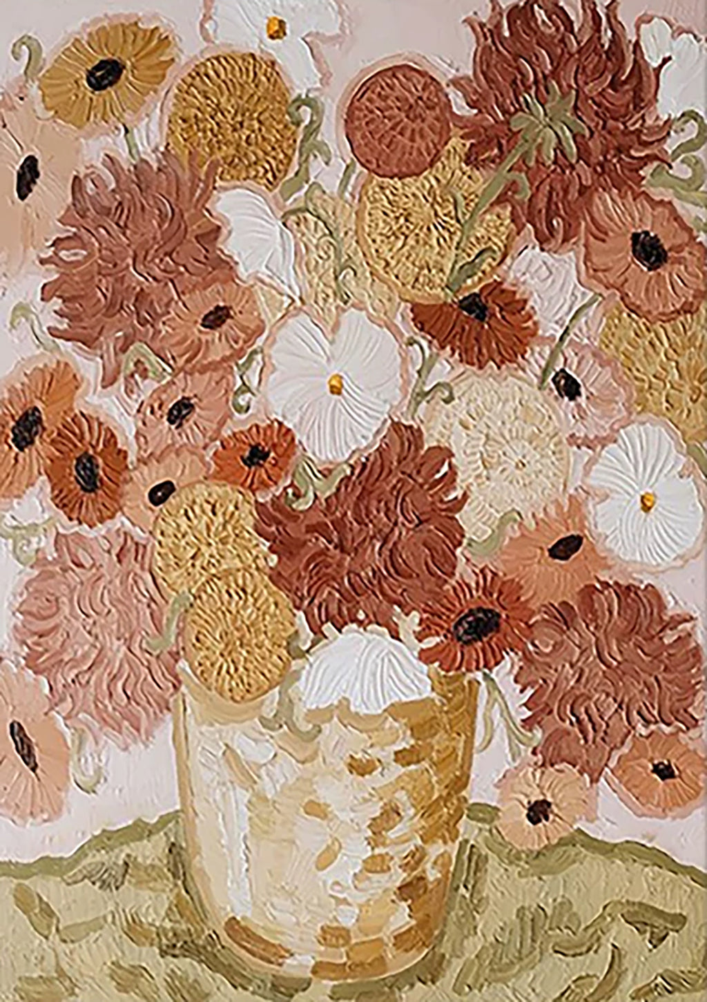 A full bouquet of dahlias and daisies in terracotta, rust and cream, in sculpted thick paint