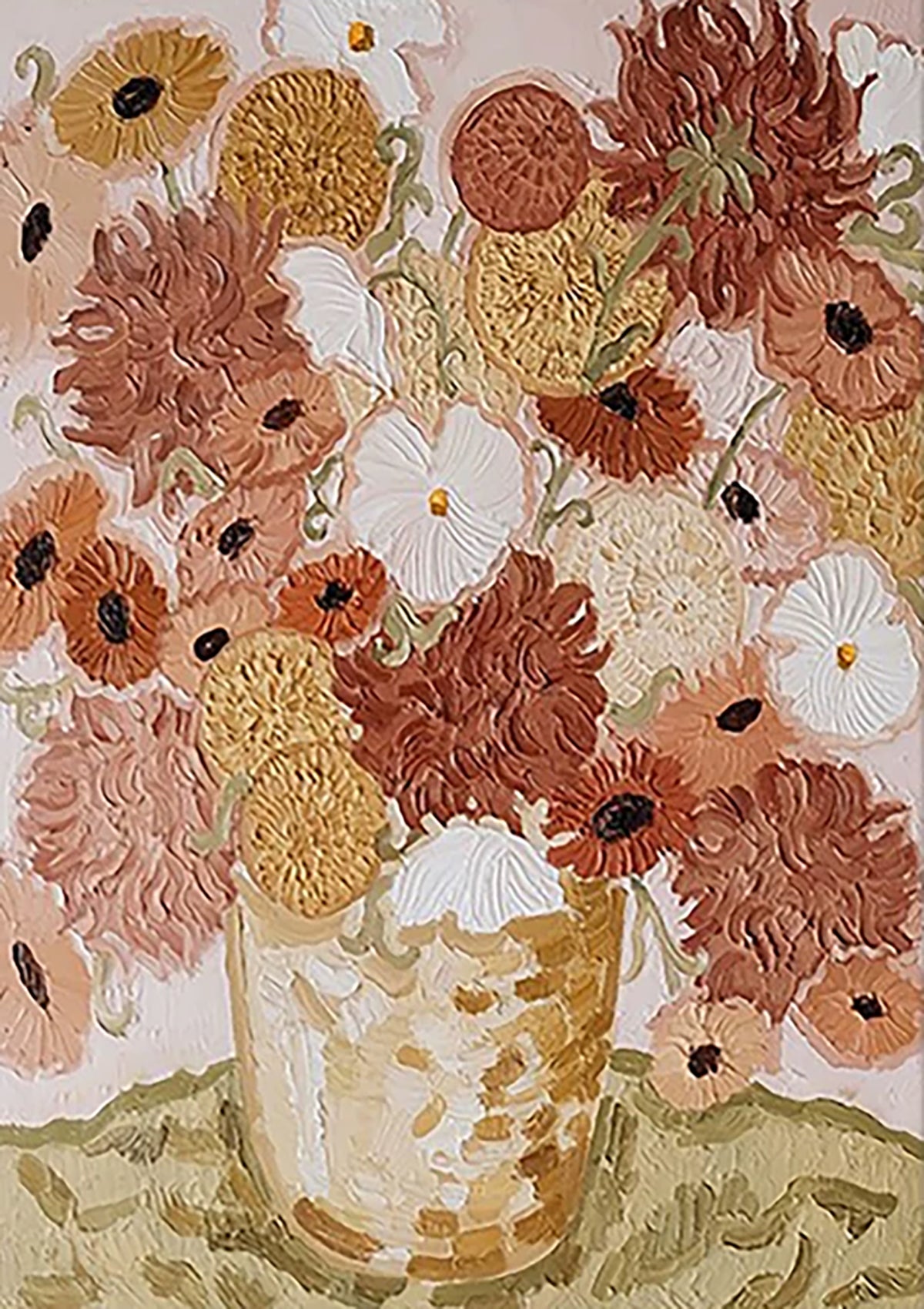 A full bouquet of dahlias and daisies in terracotta, rust and cream, in sculpted thick paint