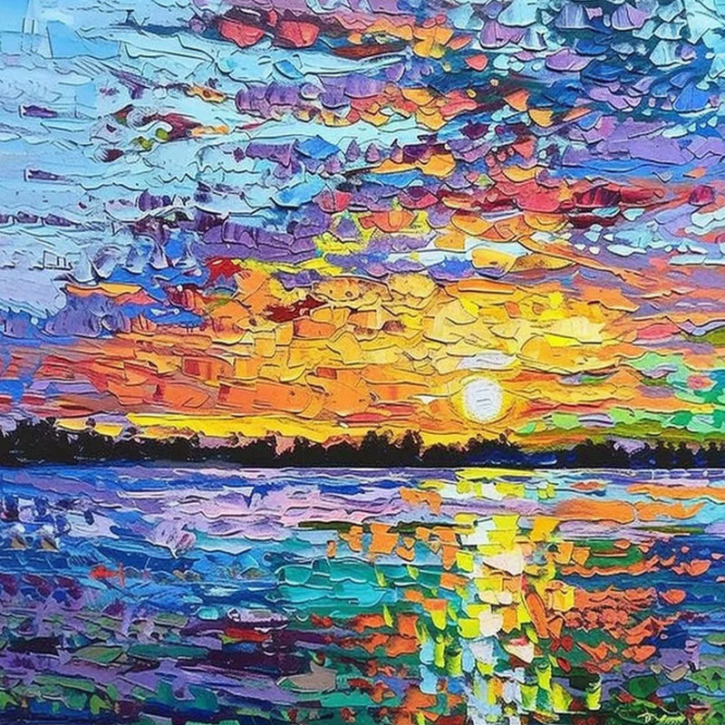 A blazing sunset over a lake, built from bold palette-knife strokes of violet, orange and teal