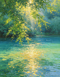 Sunbeams through overhanging leaves glittering on clear turquoise river water
