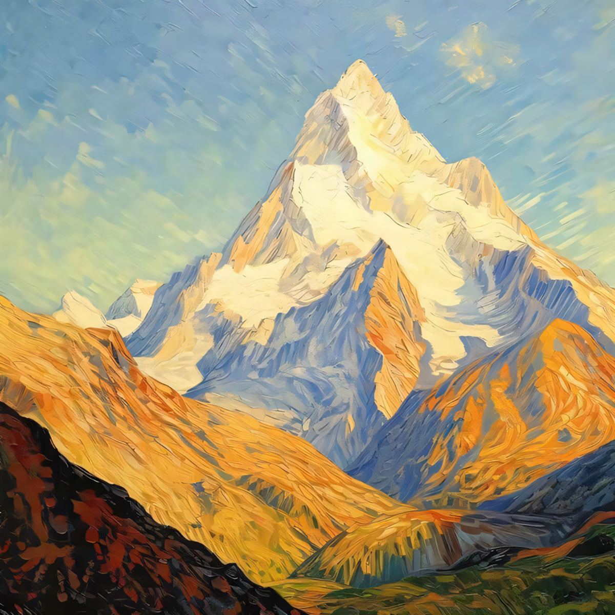 A towering snowy peak glowing in afternoon sun above golden foothills