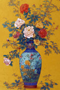 Peonies and blossoms rising from an ornate blue cloisonné vase on a golden yellow ground