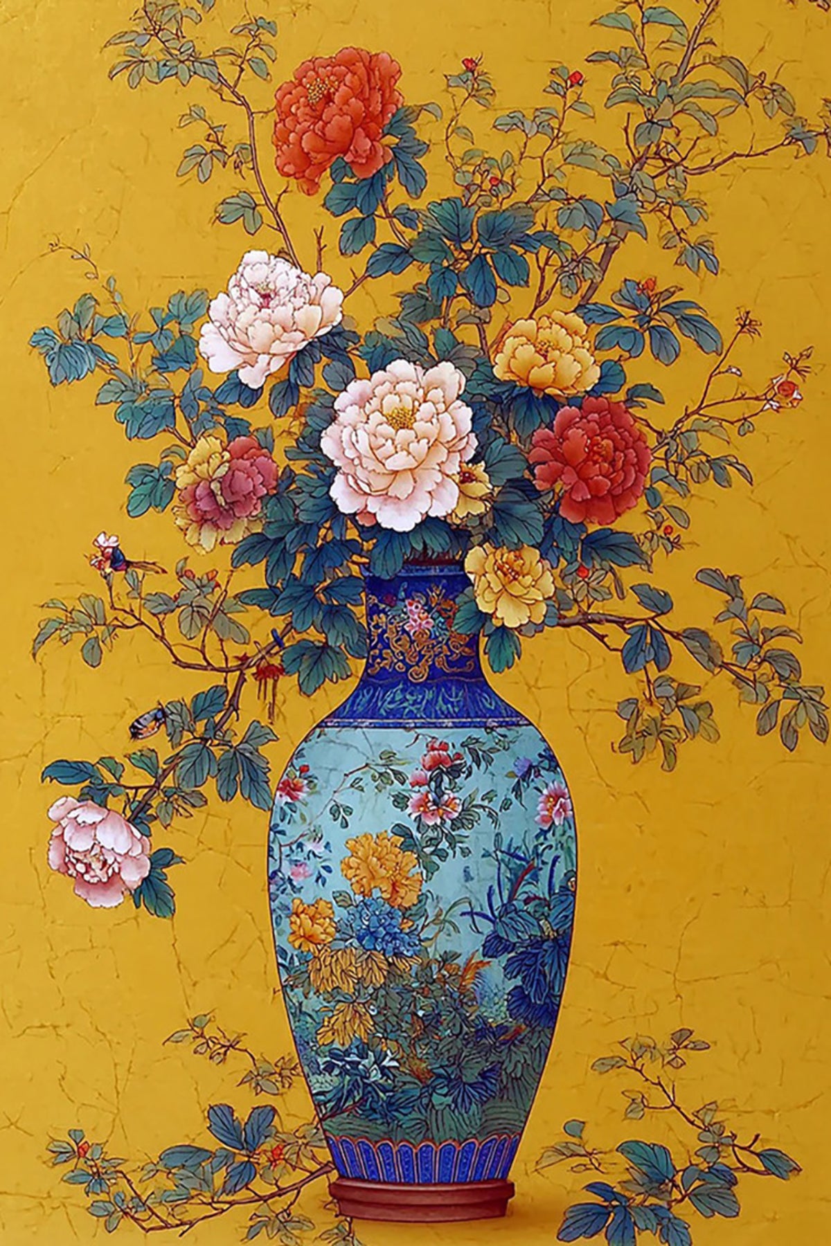 Peonies and blossoms rising from an ornate blue cloisonné vase on a golden yellow ground