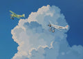 Two vintage biplanes drifting through towering white clouds in a bright blue sky.