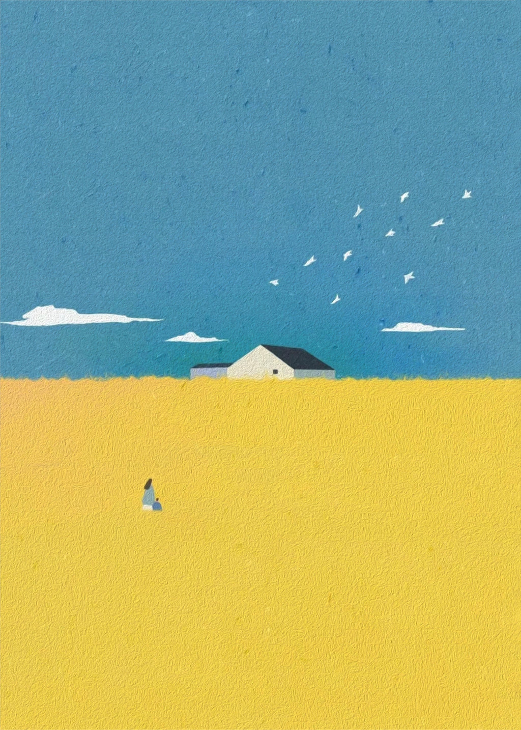 A lone figure in a wide yellow field, a white farmhouse and birds under a deep blue sky